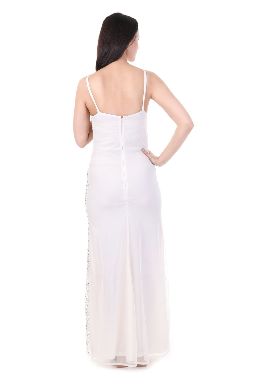 Elegant White Sequin Evening Gown with Spaghetti Straps