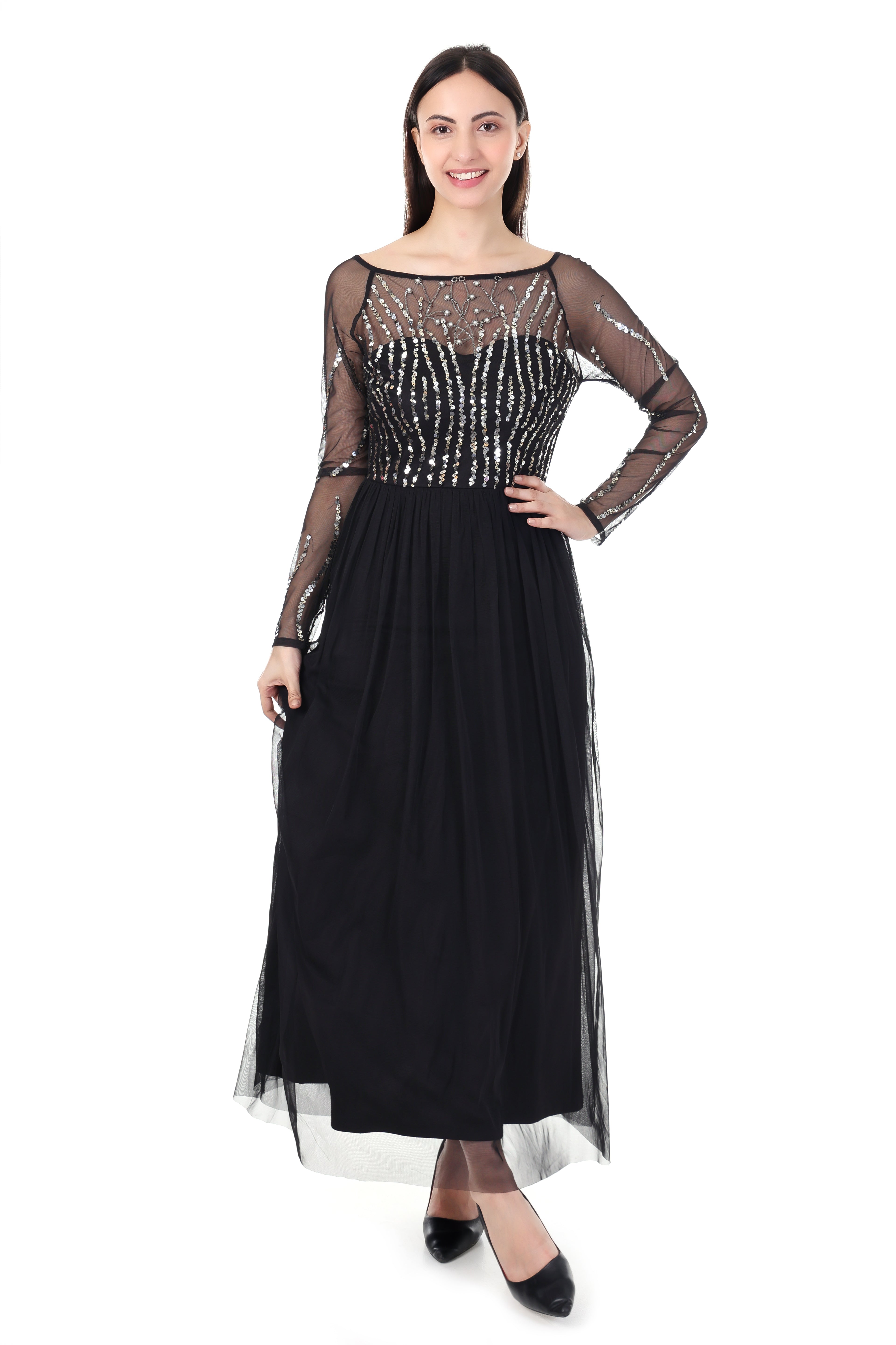 Fam India Black Sequin Embellished Maxi Dress for Women | Party & Evening Gown