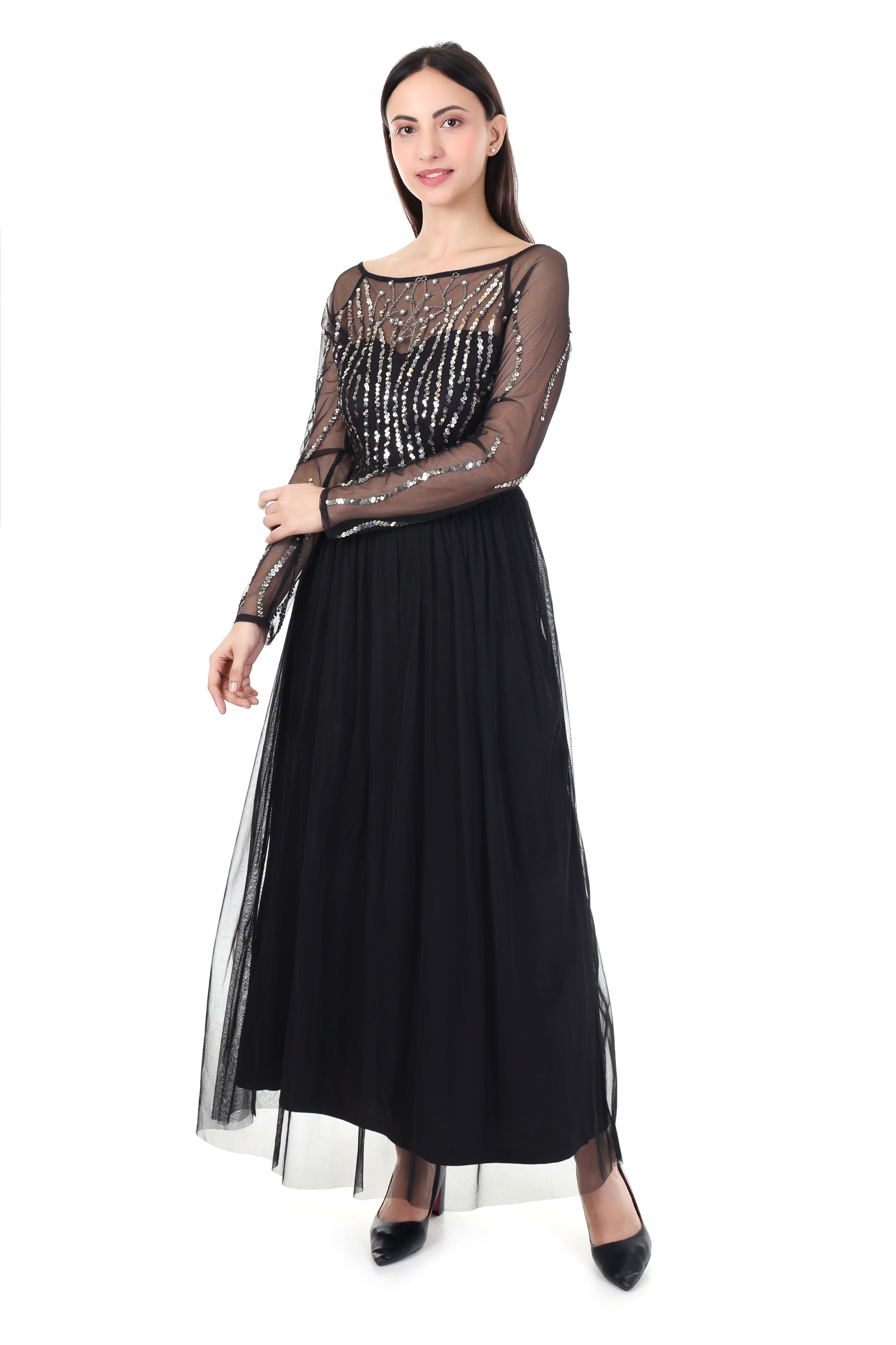 Fam India Black Sequin Embellished Maxi Dress for Women | Party & Evening Gown