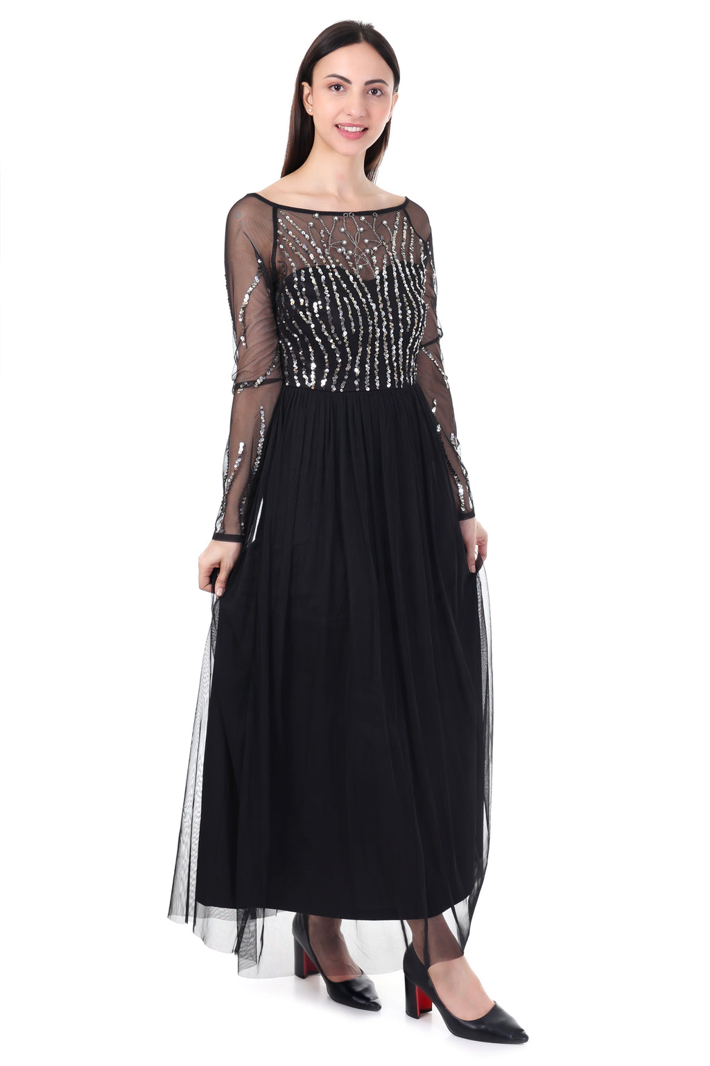 Fam India Black Sequin Embellished Maxi Dress for Women | Party & Evening Gown