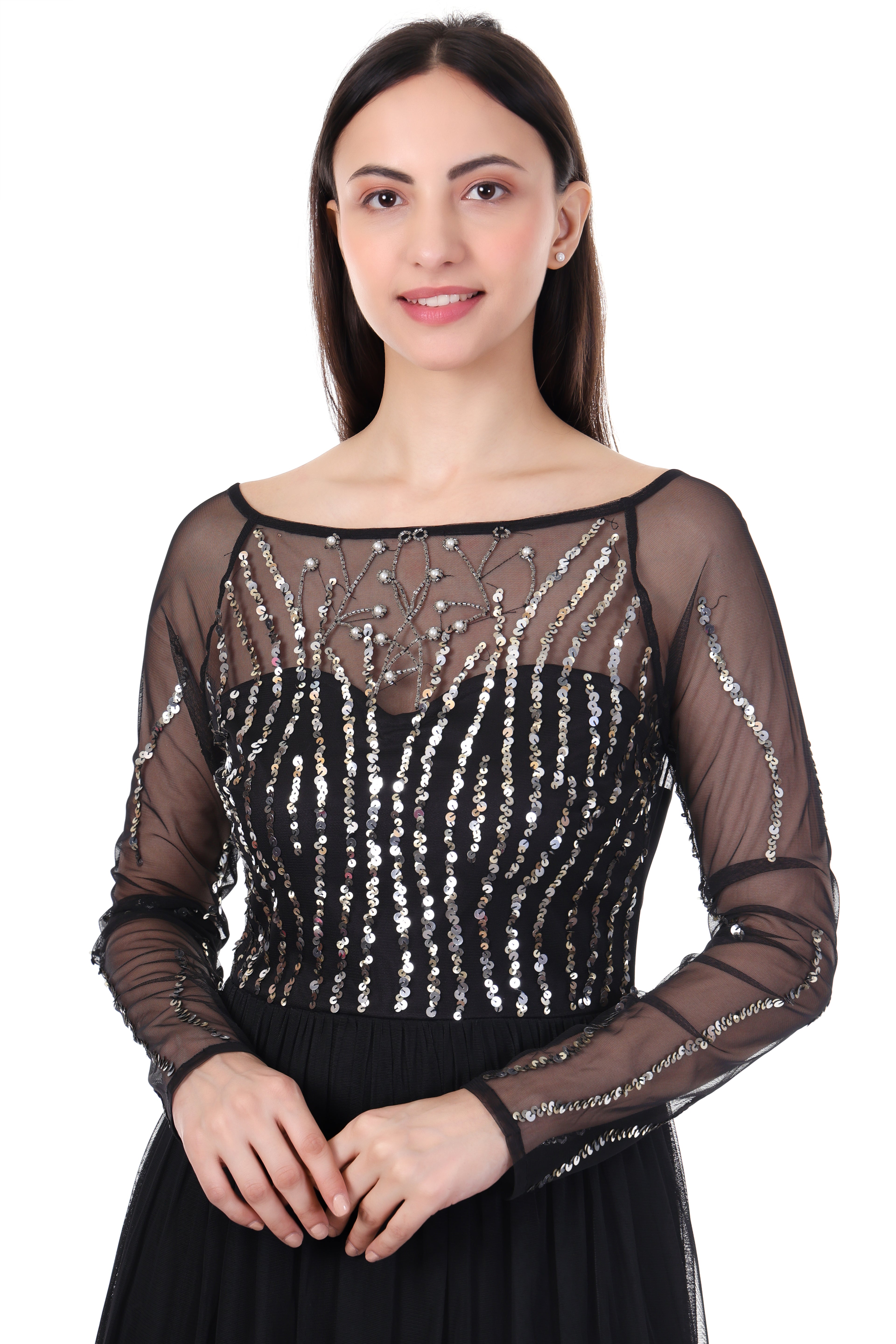 Fam India Black Sequin Embellished Maxi Dress for Women | Party & Evening Gown