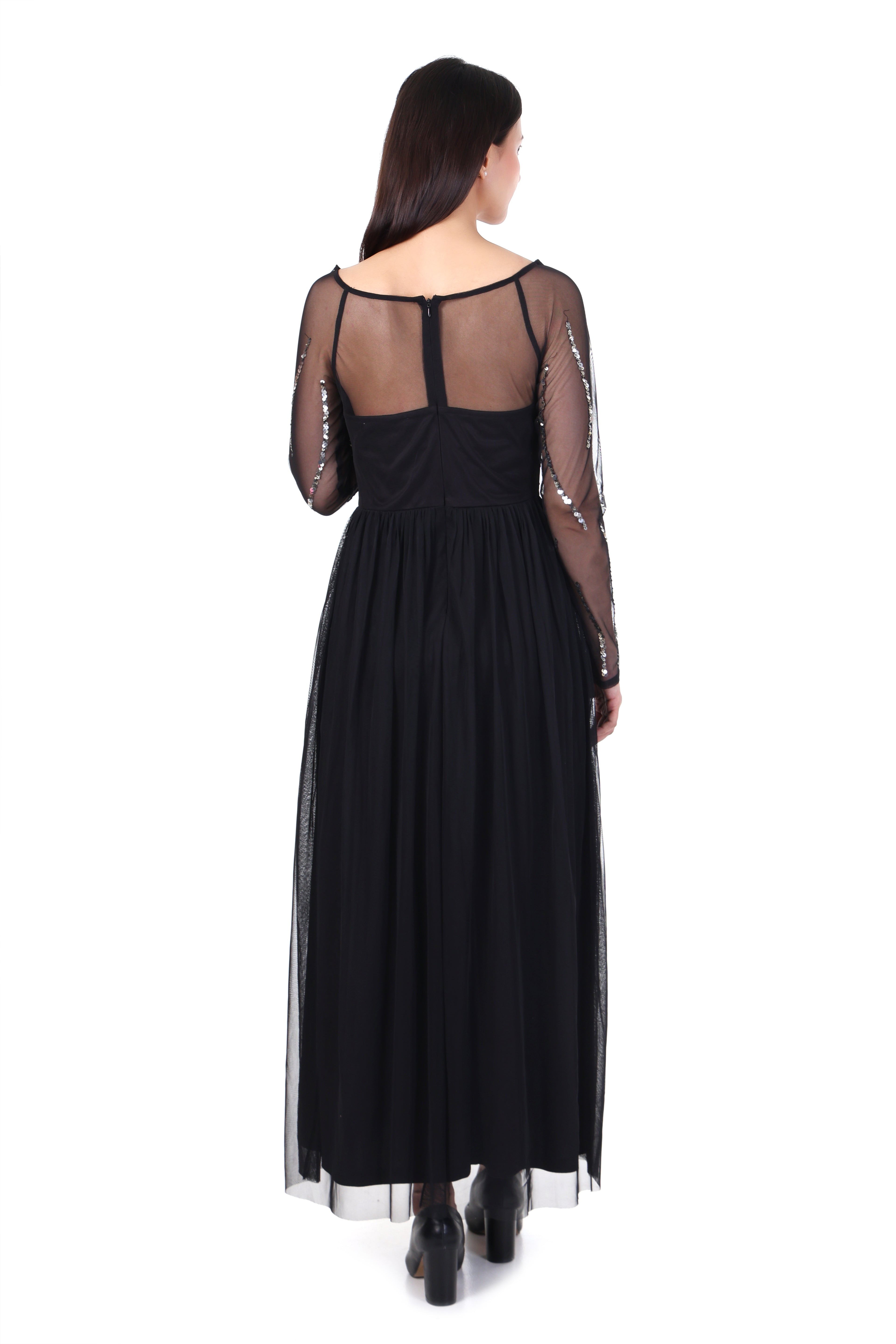 Fam India Black Sequin Embellished Maxi Dress for Women | Party & Evening Gown