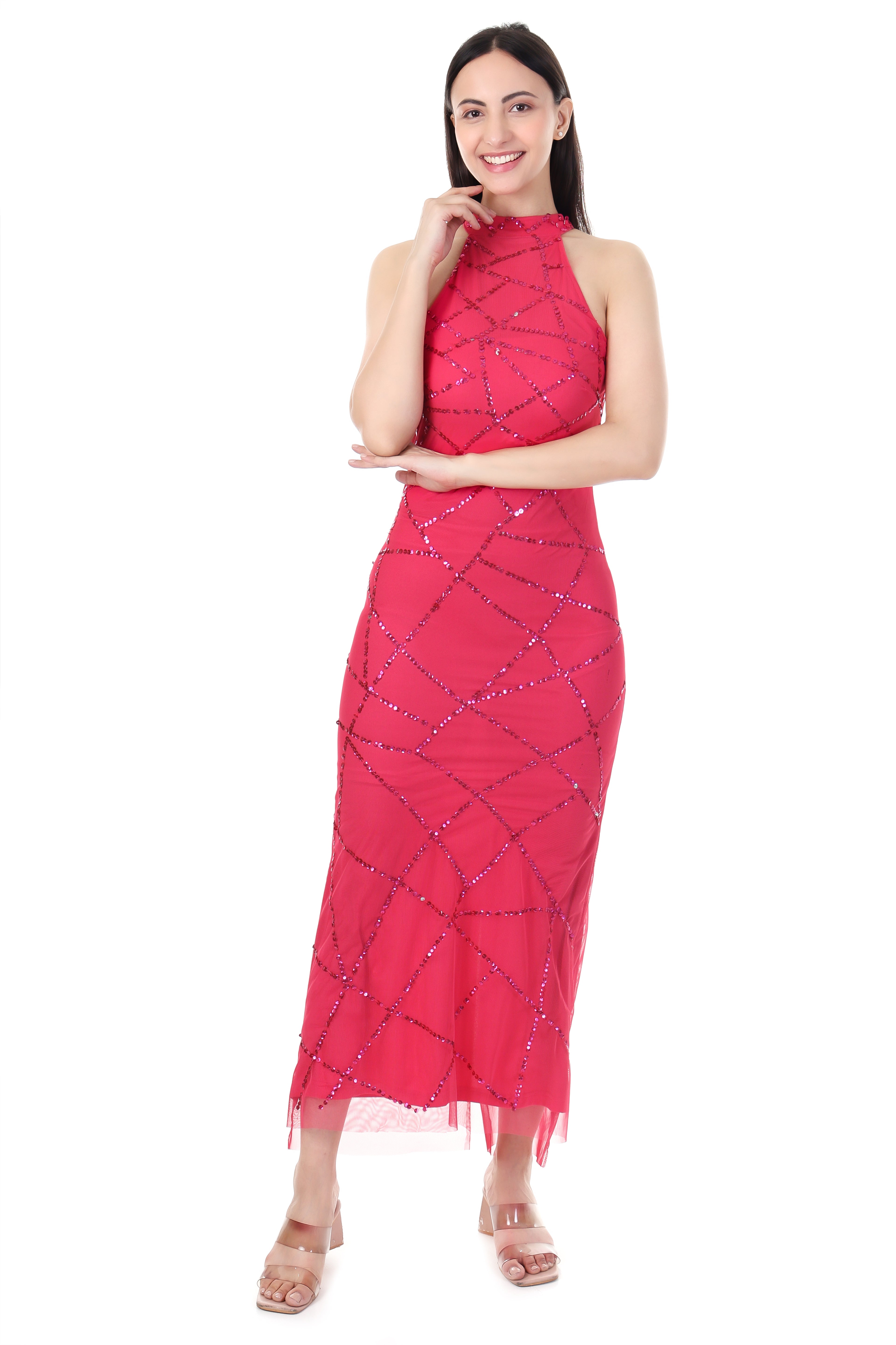 Famindia Elegant Red Sequin Embellished Sleeveless Evening Dress