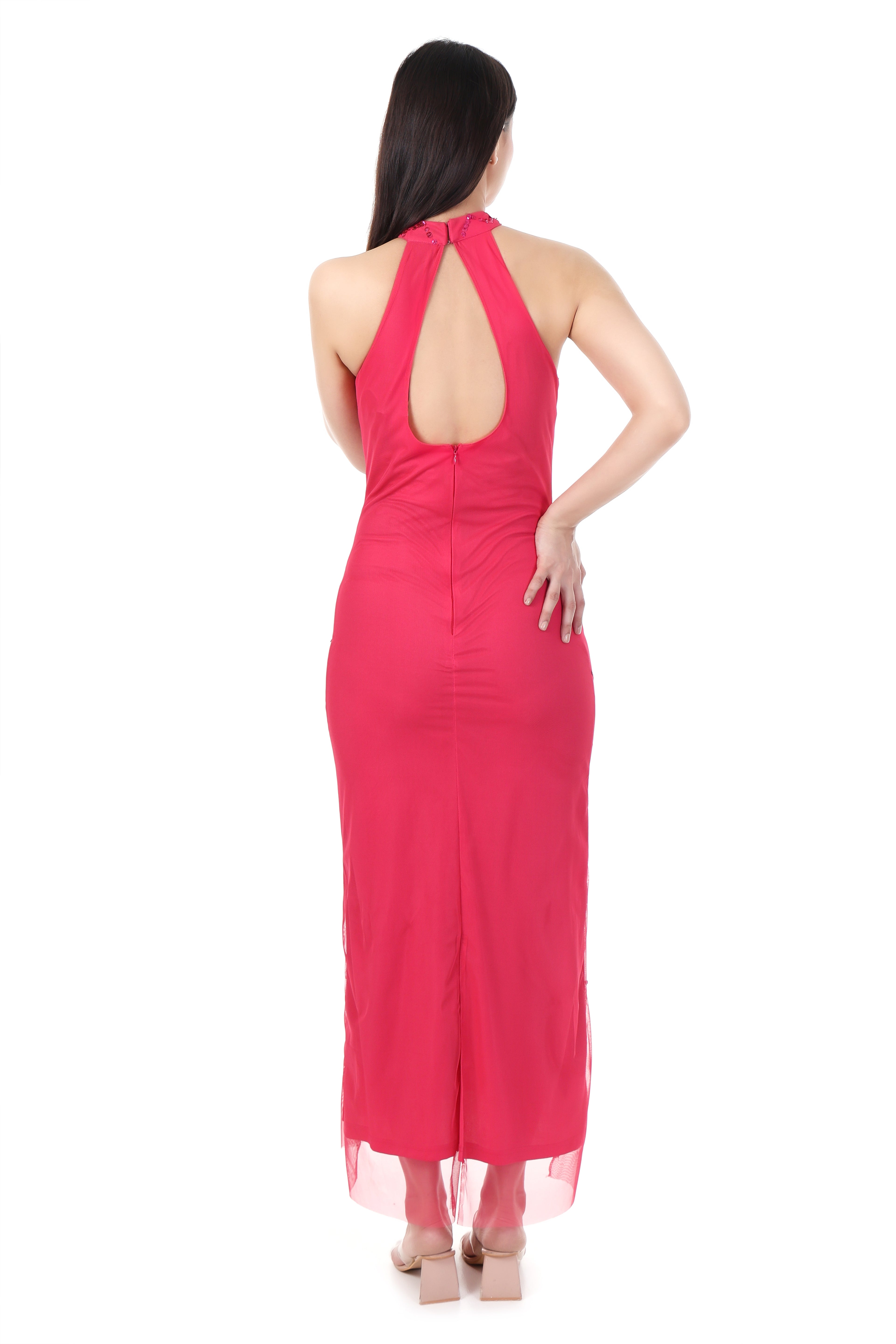 Famindia Elegant Red Sequin Embellished Sleeveless Evening Dress