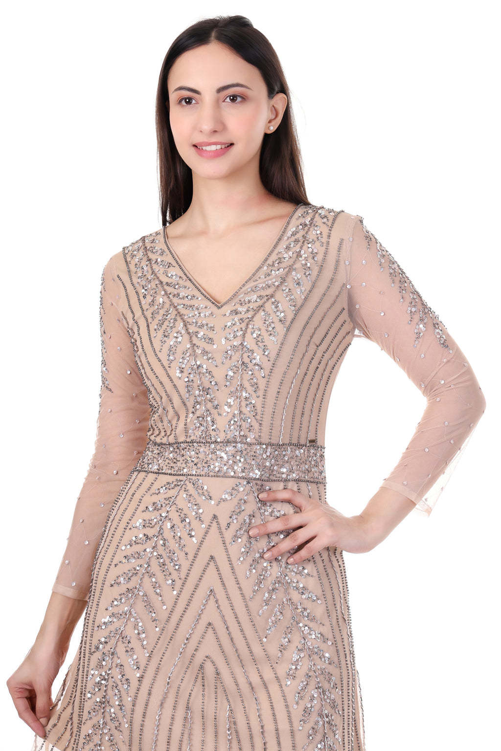 FAM India Nude Embellished Party Wear Dress | Elegant Sequin Evening Mini Dress for Women