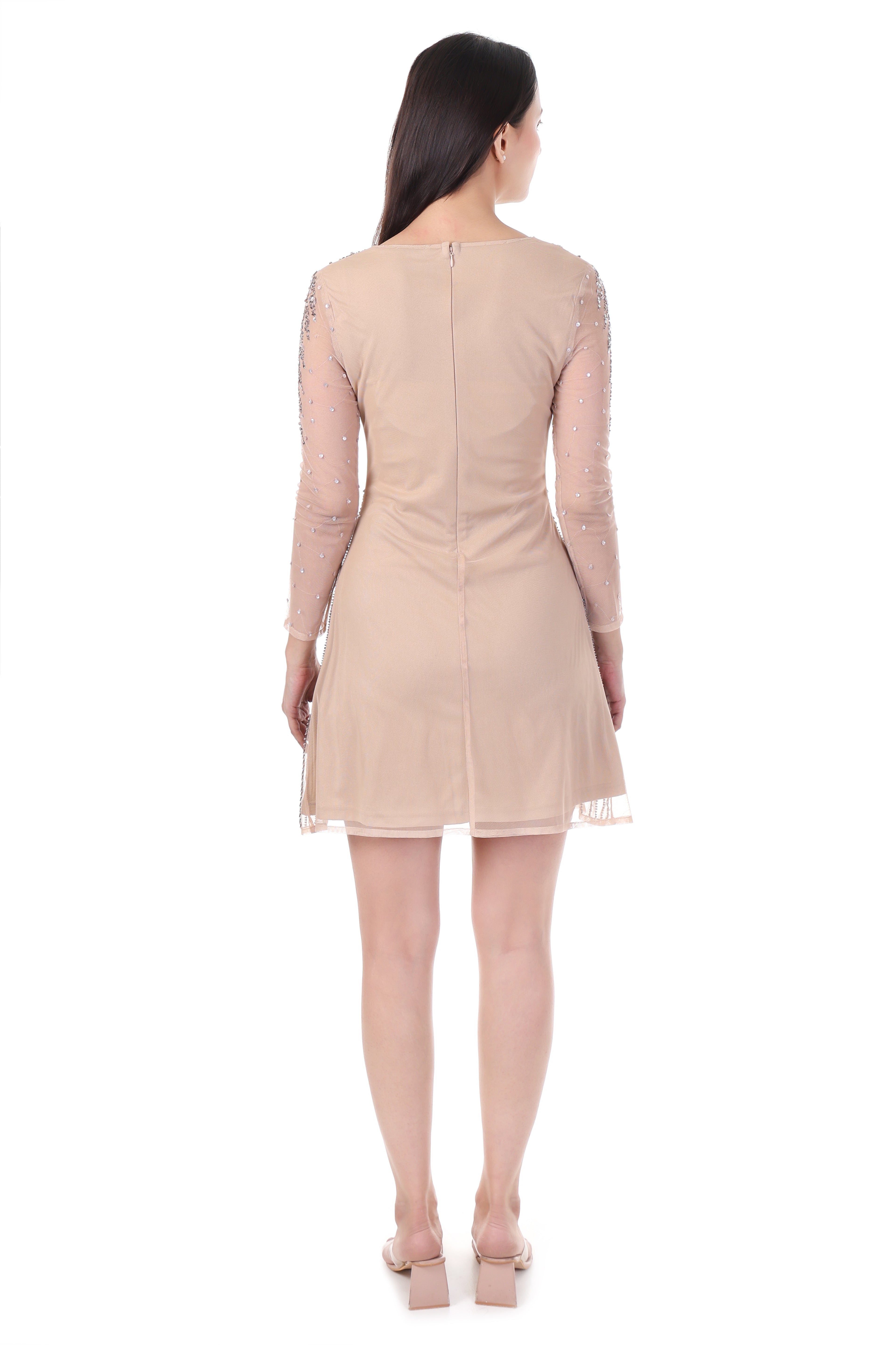 FAM India Nude Embellished Party Wear Dress | Elegant Sequin Evening Mini Dress for Women