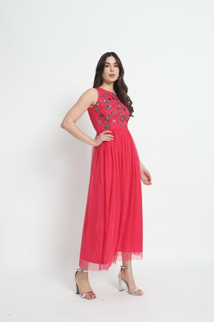FAM India Fuchsia Embroidered Sleeveless Maxi Dress for Women – Party & Festive Wear