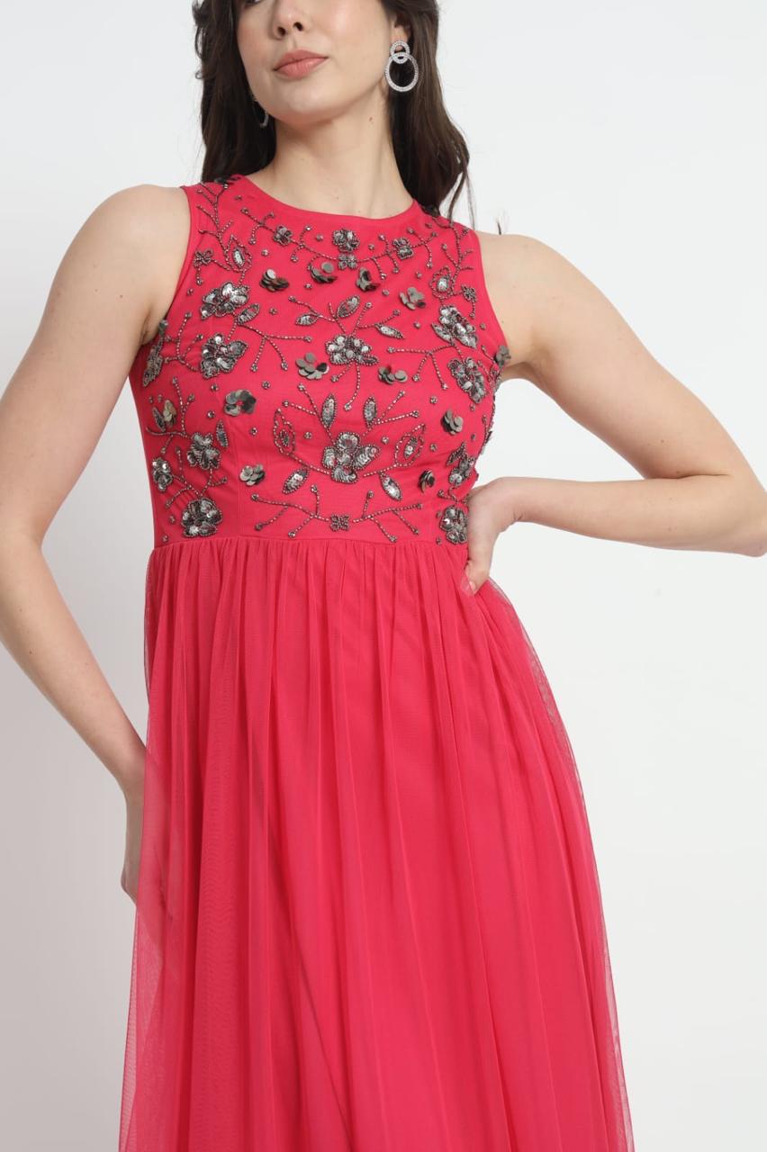 FAM India Fuchsia Embroidered Sleeveless Maxi Dress for Women – Party & Festive Wear