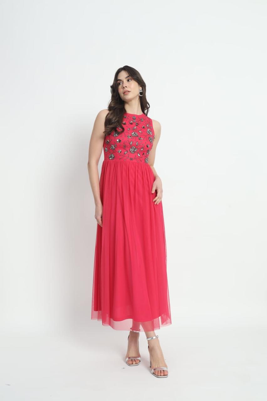 FAM India Fuchsia Embroidered Sleeveless Maxi Dress for Women – Party & Festive Wear