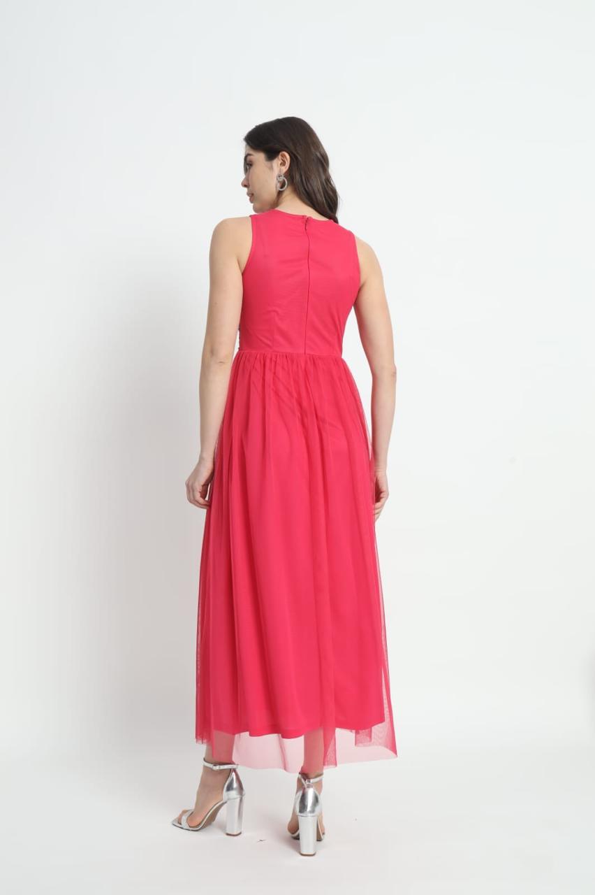 FAM India Fuchsia Embroidered Sleeveless Maxi Dress for Women – Party & Festive Wear