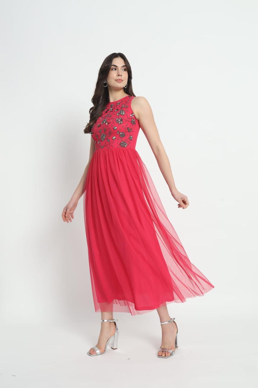 FAM India Fuchsia Embroidered Sleeveless Maxi Dress for Women – Party & Festive Wear